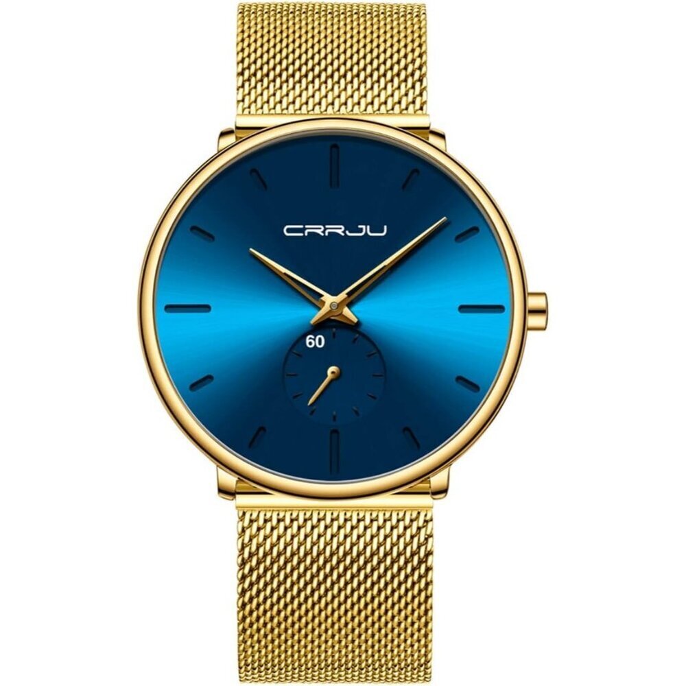Men's Gold Blue Ultra-Thin Minimal Waterproof Stainless Steel Mesh Band Watch